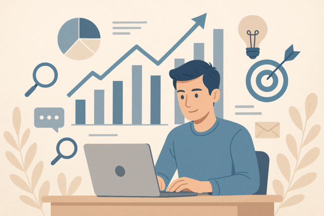 Laptop qarşısında işləyən gənc marketoloq, ətrafında qrafiklər, analiz ikonları, ideya lampası və hədəf simvolu ilə süni intellektlə sosial media marketinqi prosesini əks etdirən illüstrasiya