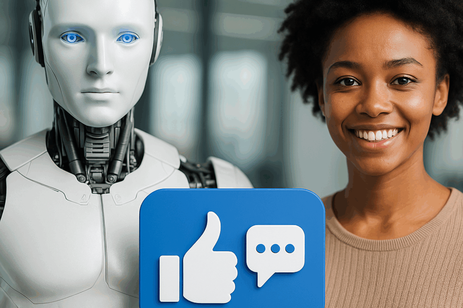 Ofis mühitində dayanan insanabənzər robot və gülümsəyən qadın arasında sosial media ikonlarını əks etdirən işarələr — bəyənmə və mesaj balonu — süni intellektin sosial mediada insanla əməkdaşlığını simvolizə edən vizual.