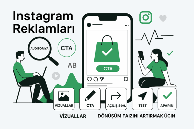 Instagram reklamları üçün minimalist rəqəmsal illüstrasiya — smartfon ekranında reklam postu, analitika qrafikləri və sosial media ikonları. Rəng palitrası: bənövşəyi, çəhrayı və narıncı.